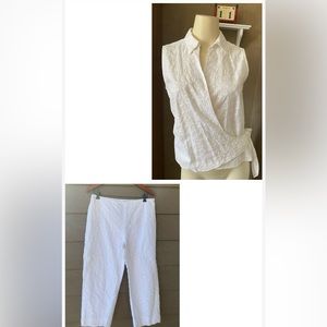 Lauren Ralph Lauren eyelet Women’s capris pants suit set white top M, pants 12